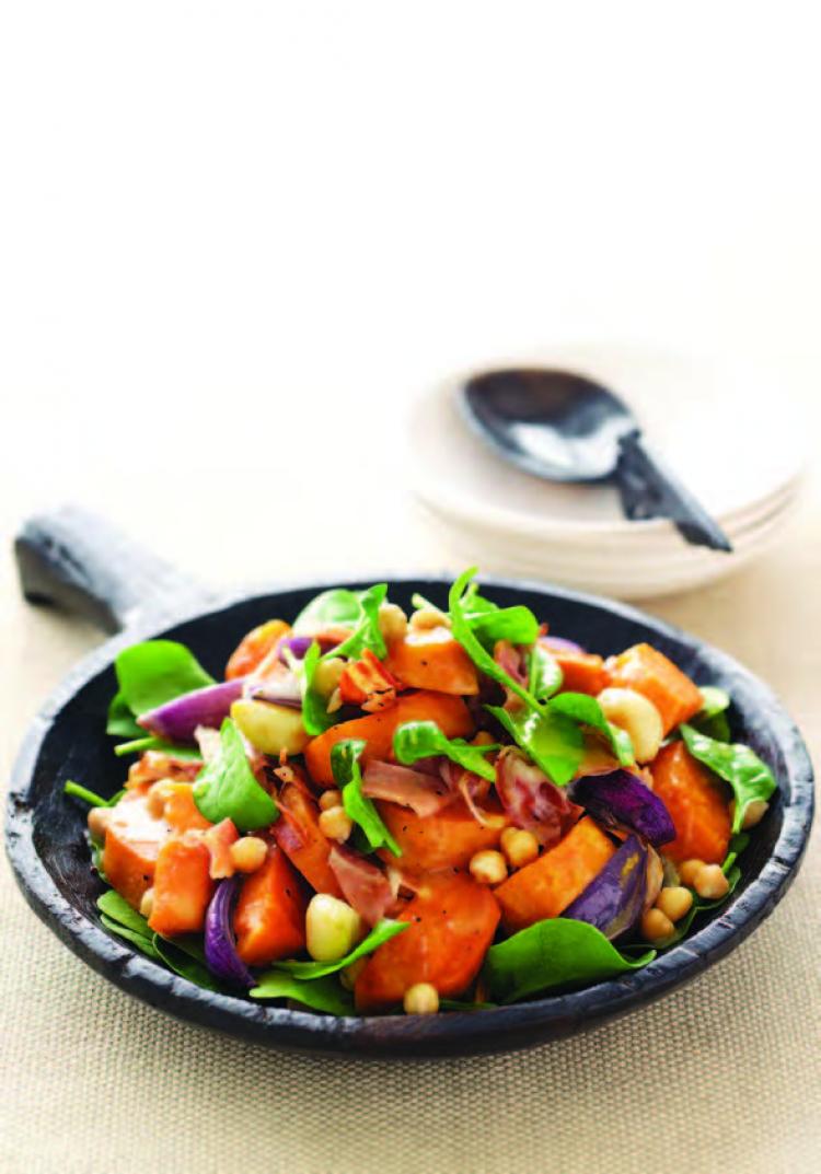 Roast kumara, chickpea & baby spinach salad
