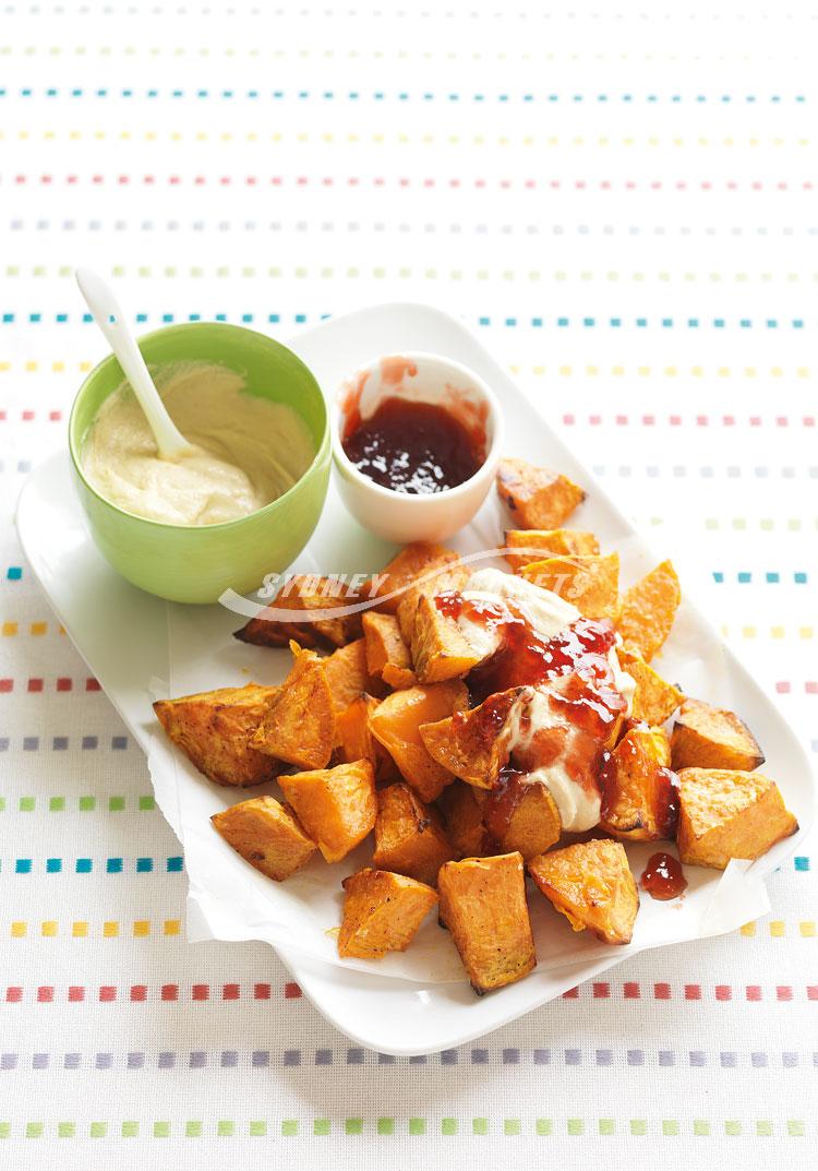 Roast kumara with hummus & jelly
