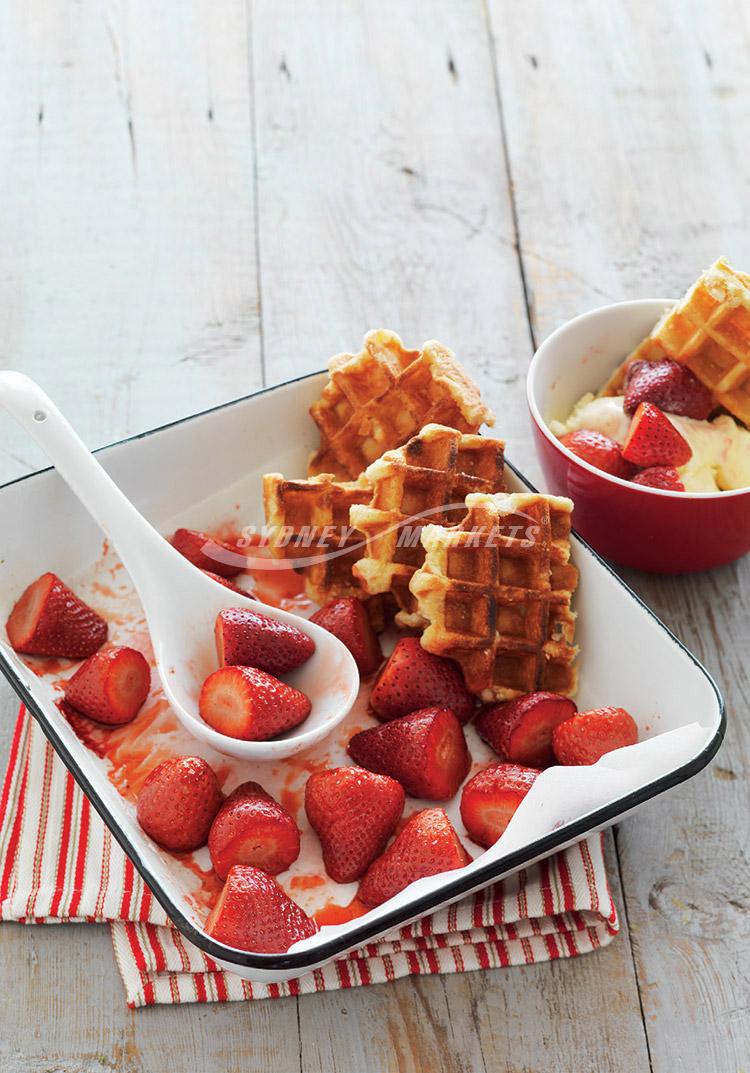 Roast strawberries with waffles & ice-cream
