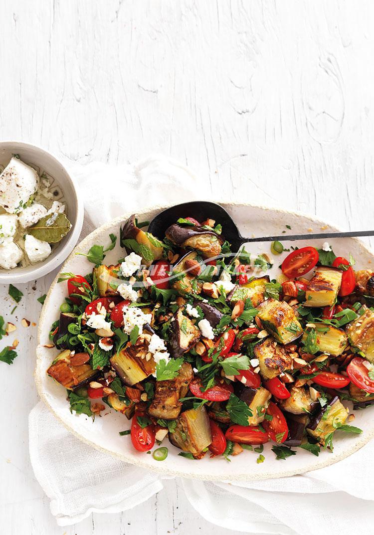 Roasted eggplant, herb & feta salad