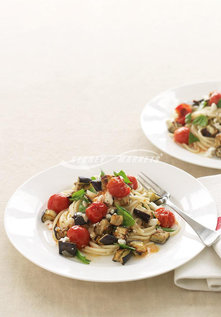Roasted eggplant, basil & feta spaghetti