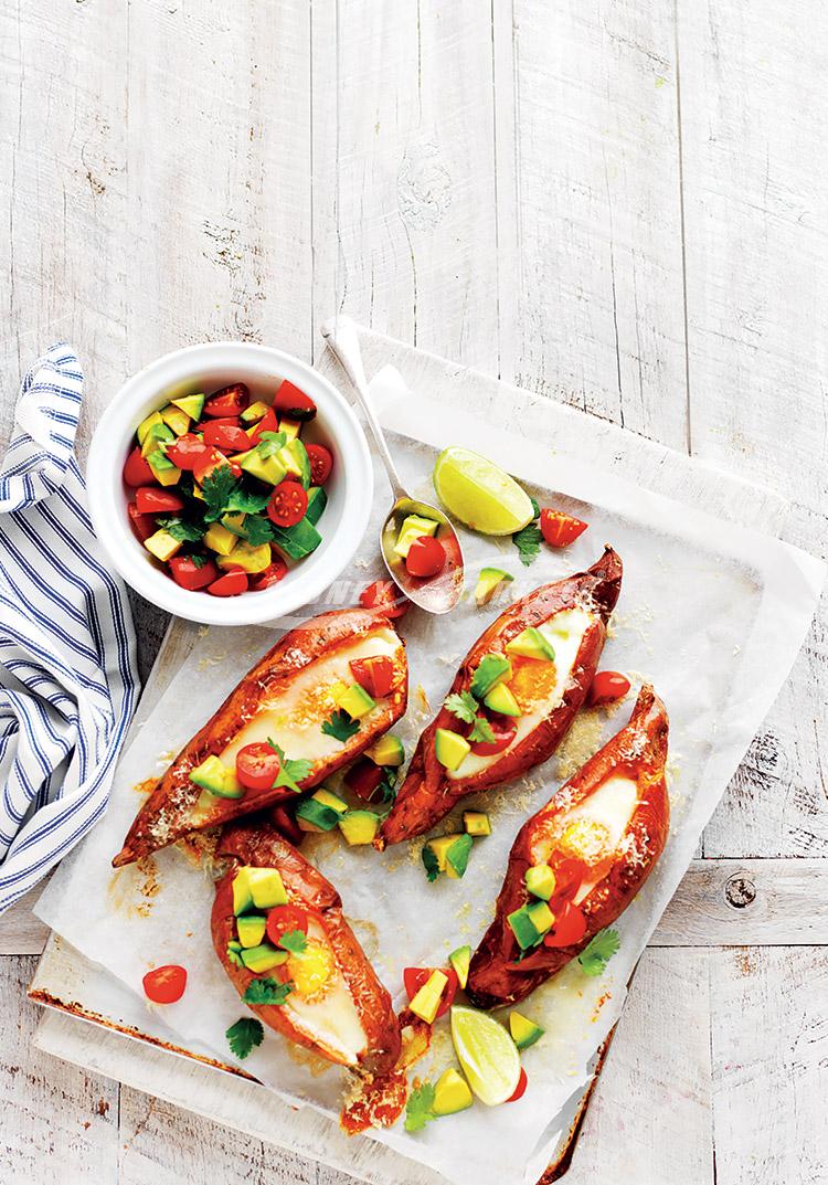 Roasted kumara with eggs & avocado salsa