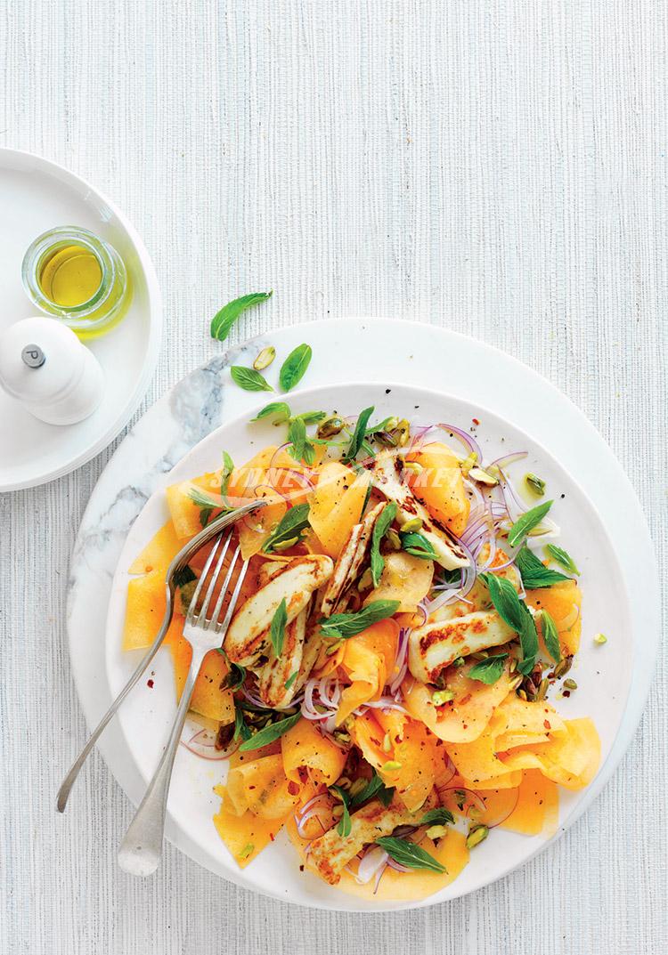 Rockmelon ‘carpaccio’ & haloumi salad