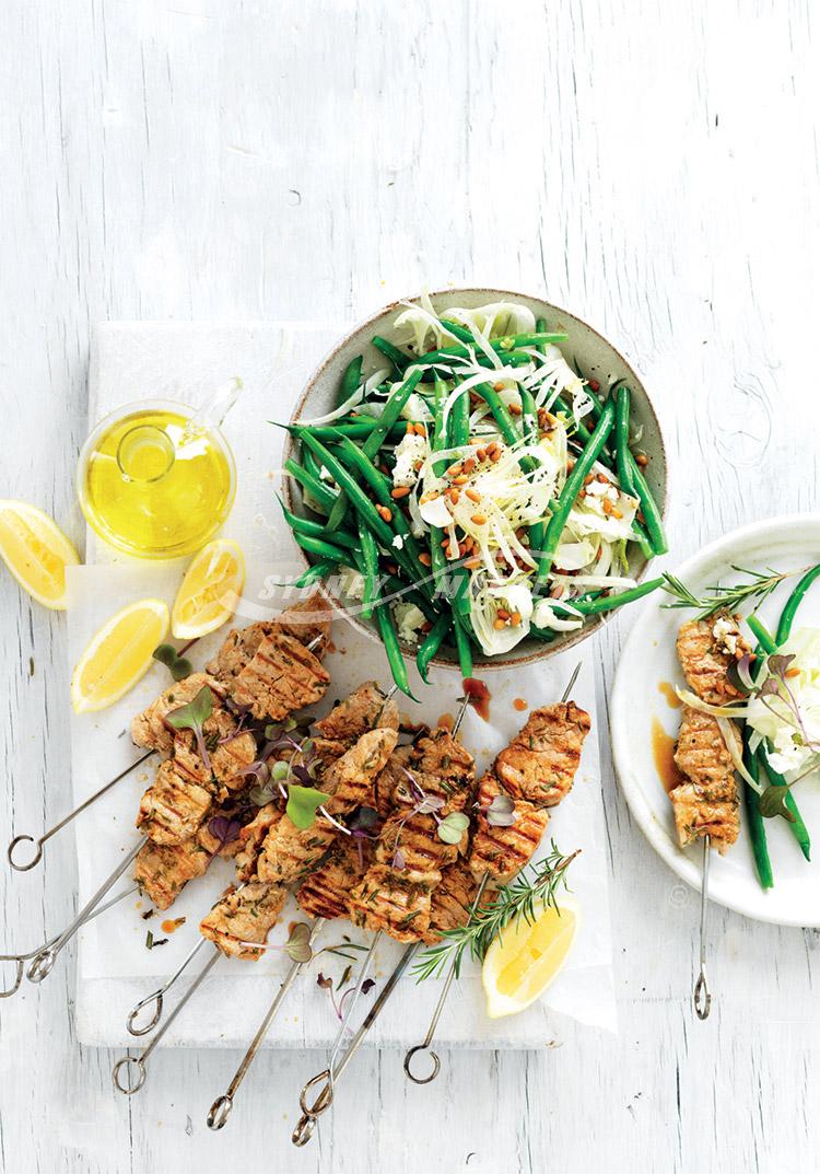 Rosemary pork skewers with bean & fennel salad