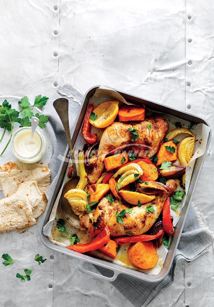 Spiced kumara, fennel & chicken tray bake