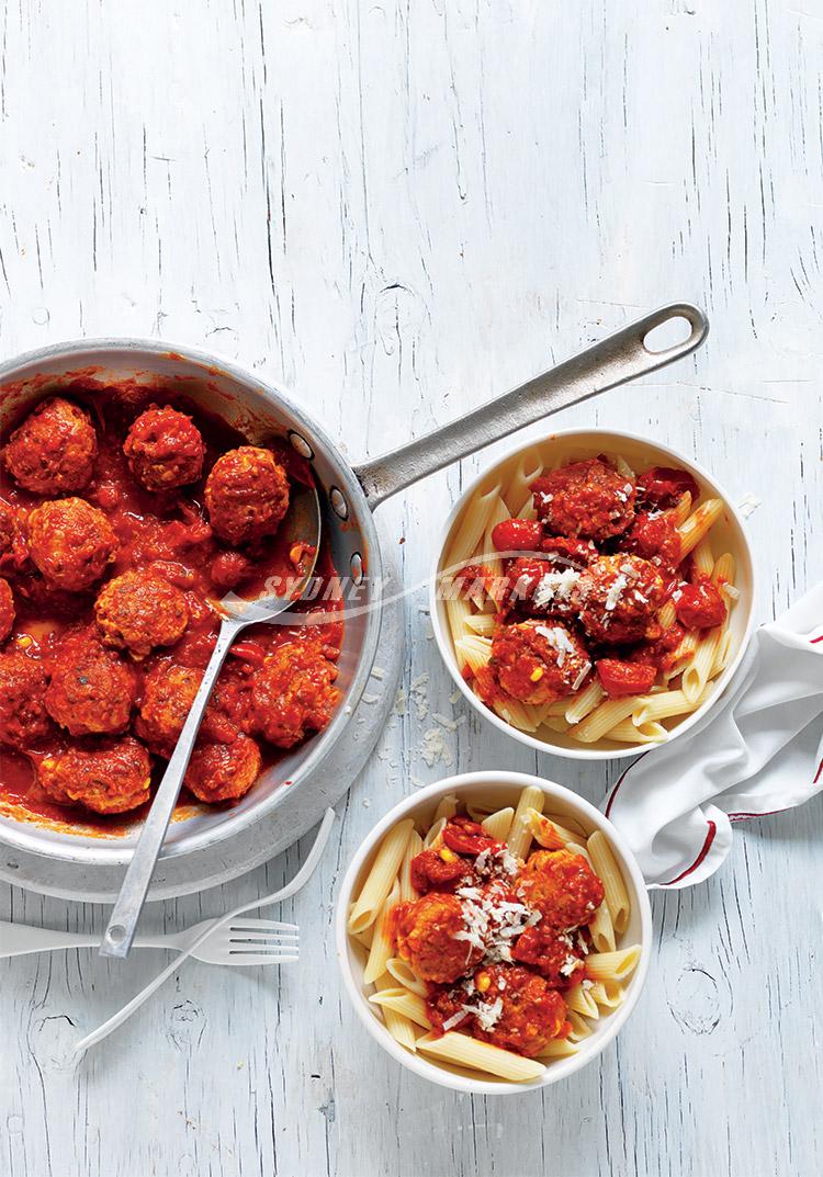 Sweetcorn, carrot & chicken rissoles in tomato sauce