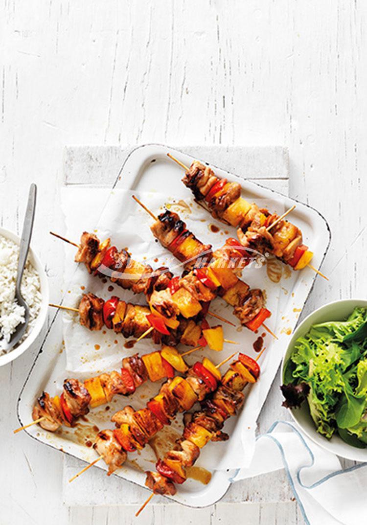 Teriyaki pineapple, capsicum & chicken skewers