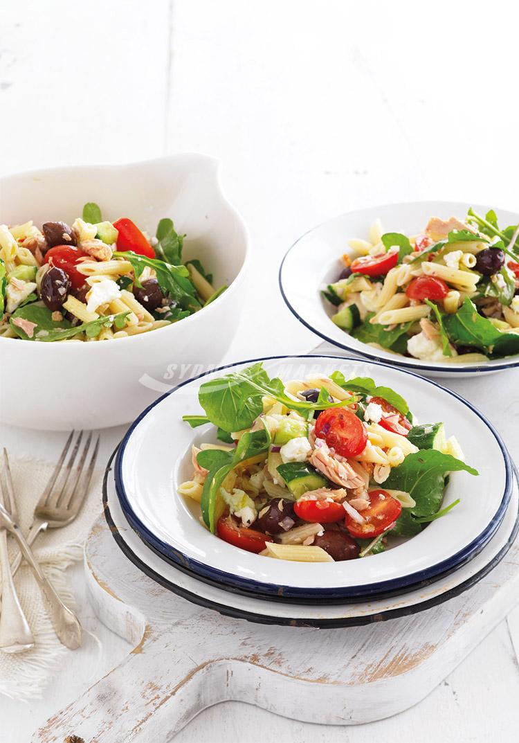 Tomato, cucumber, feta & tuna pasta salad