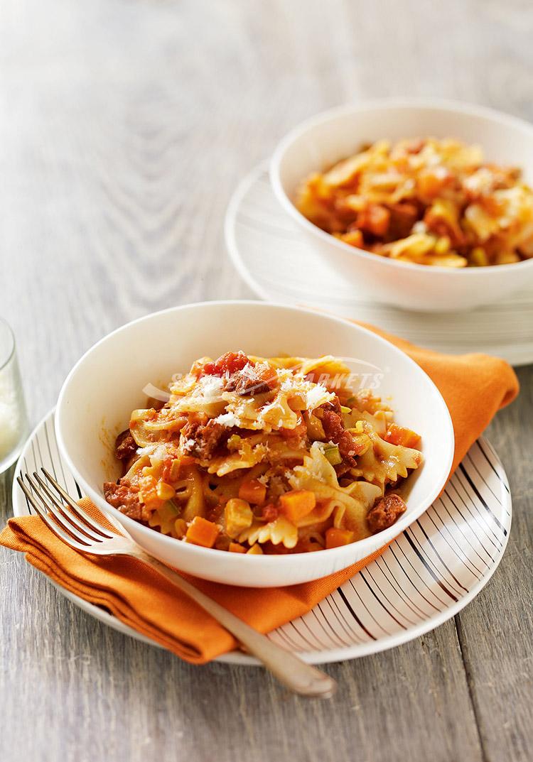 Winter vegetable, chorizo & tomato pasta