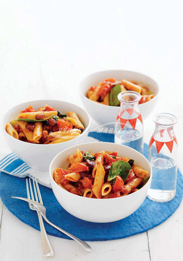 Penne with cherry tomatoes, spinach & chorizo - Sydney Markets