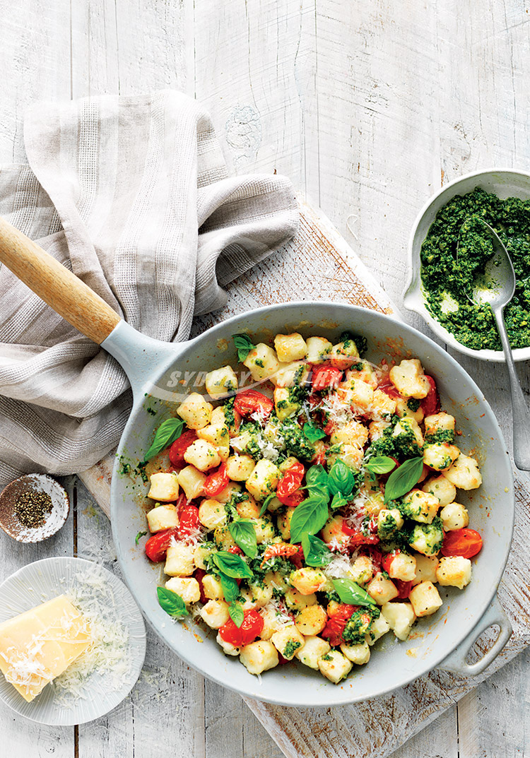 Spinach, basil & pepita pesto with gnocchi & tomatoes Sydney Markets